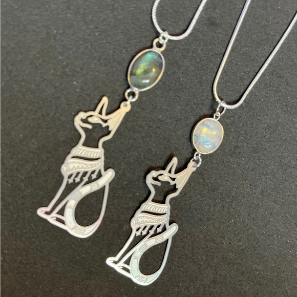 Moonstone bastet necklace, labradorite Egyptian bast necklace, silver bast - Picture 4 of 5